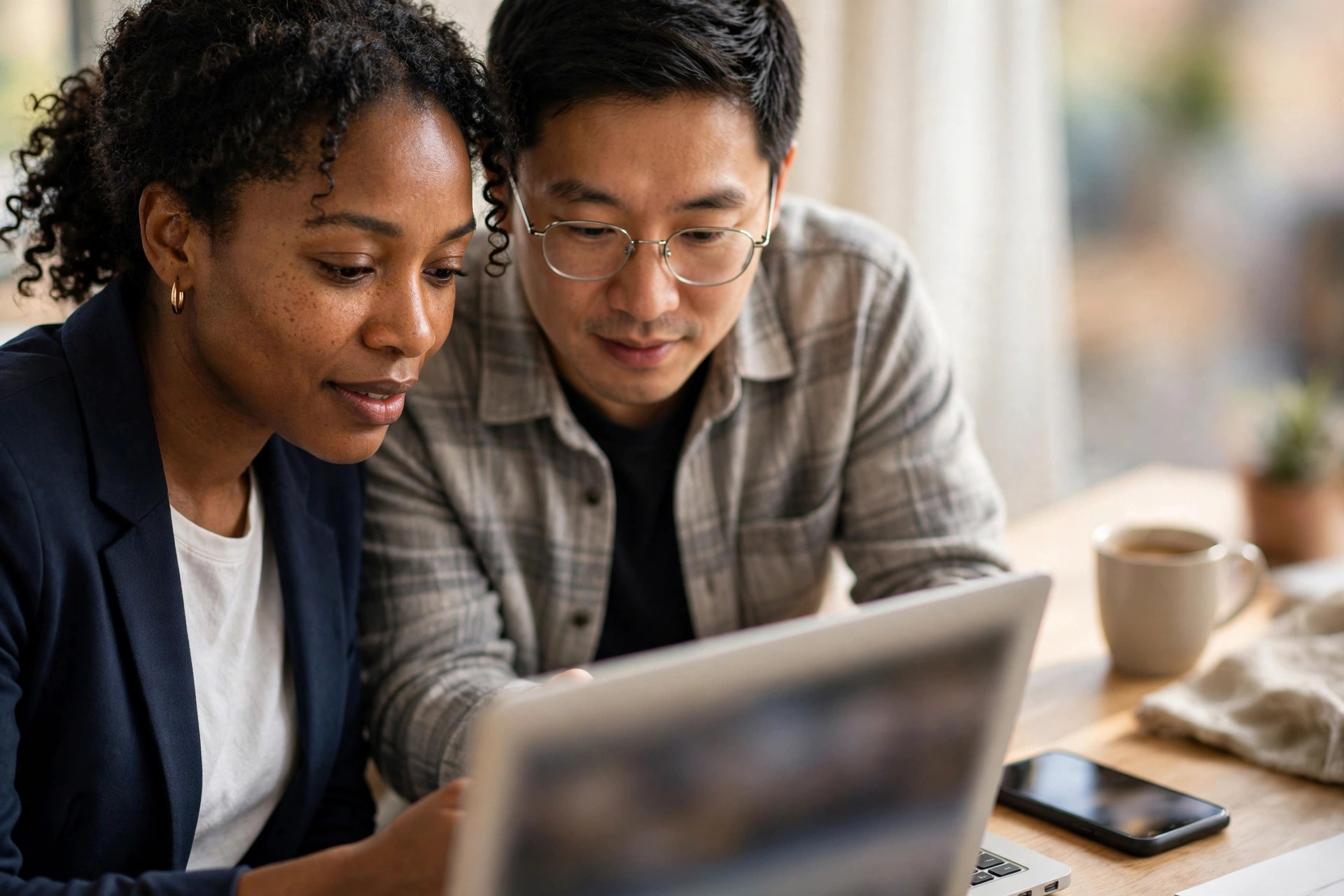 Professionals reviewing marketing content on a laptop and phone