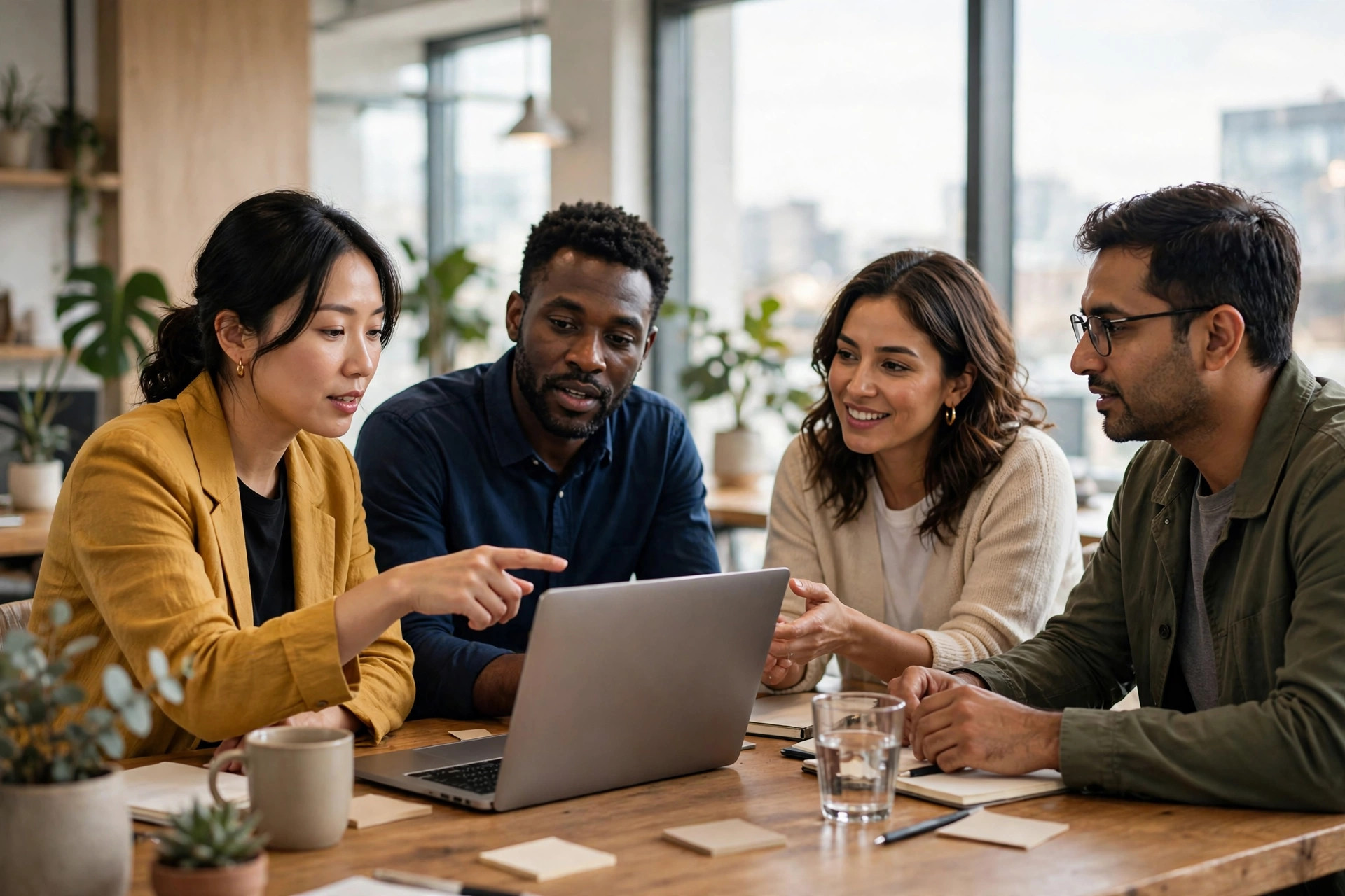 Marketing team collaborating around a table in a bright office