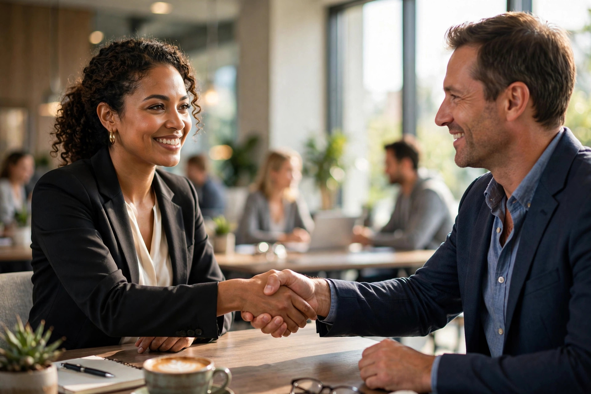 Business handshake between our founder and a client in a bright office